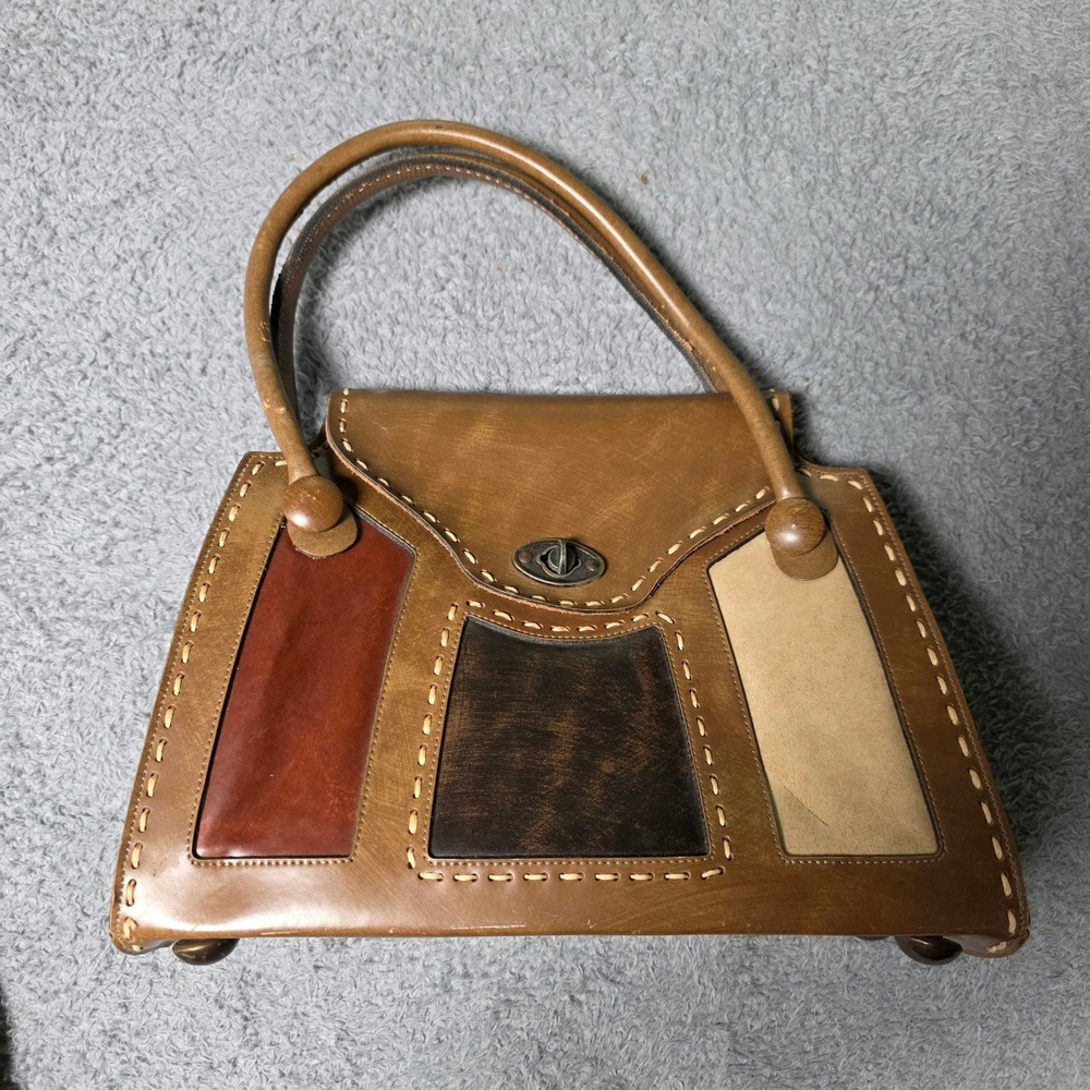Mahler California Womens Med Satchel Brown Patchwork Leather Vintage Bag